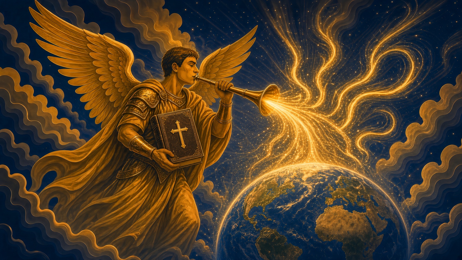 An angel sounding a clarion toward the earth